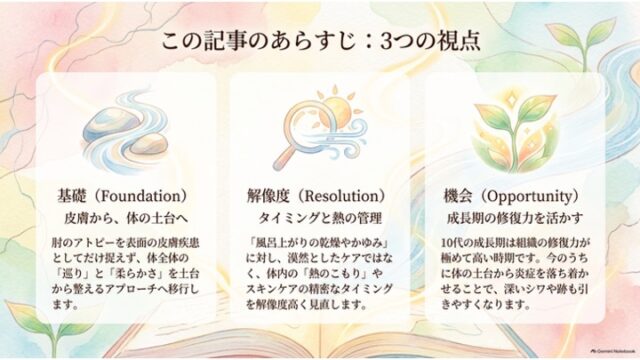 「基礎（Foundation）」「解像度（Resolution）」「機会（Opportunity）」の3つの視点を3つのカードとアイコンで整理した概要スライド。