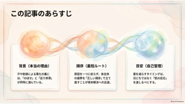 「この記事のあらすじ」と題し、オレンジ・青系の3つの球体とリボン状のラインの下に、「背景（本当の理由）」「順序（最短ルート）」「目安（自己管理）」の要点を記載した3つのボックスが並ぶスライド。