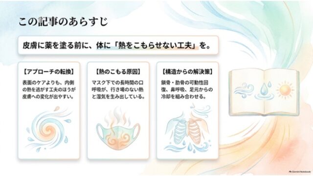 「この記事のあらすじ」と題され、アプローチの転換、熱のこもる原因、構造からの解決策の3項目がイラスト付きカードで整理されたスライド。