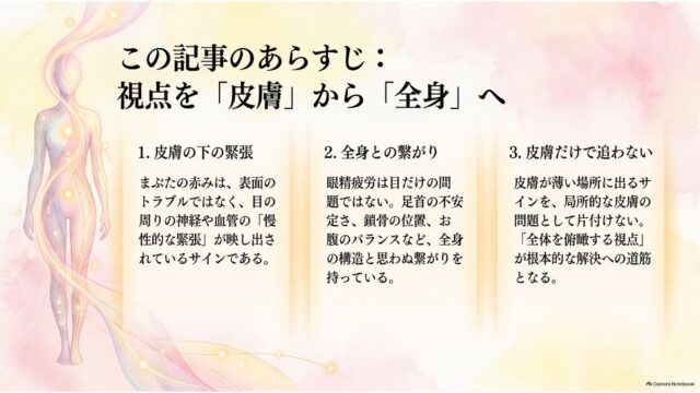 左側に光を纏う全身シルエット、右側に「皮膚の下の緊張」「全身との繋がり」「皮膚だけで追わない」の3項目が整理されたあらすじスライド。