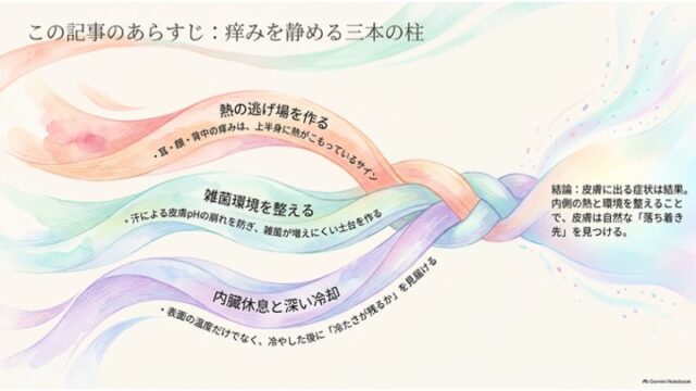 3本のカラーリボンが1つに編み込まれるイラストに、「熱の逃げ場を作る」「雑菌環境を整える」「内臓休息と深い冷却」の3つの柱と結論が記されたスライド。