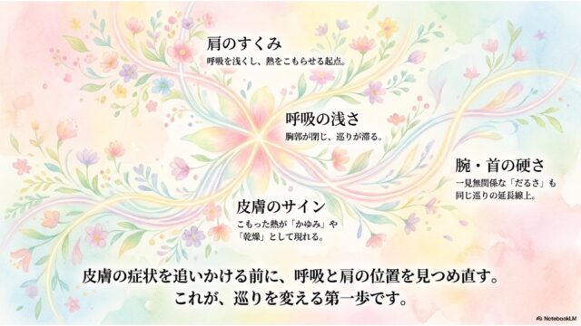 淡い花柄背景に「肩のすくみ」「呼吸の浅さ」「腕・首の硬さ」「皮膚のサイン」の連鎖を示し、下部に「呼吸と肩の位置を見つめ直す」と添えられたスライド。