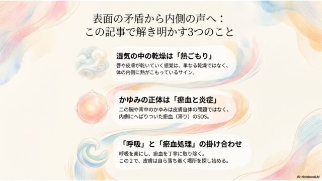「この記事で解き明かす3つのこと」として、熱ごもり、瘀血と炎症、呼吸と瘀血処理の掛け合わせの3項目をアイコン付きで解説した目次スライド。