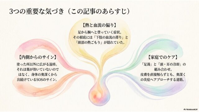 「3つの重要な気づき」として「内側からのサイン」「熱と血流の偏り」「家庭でのケア」の3項目を水彩風フレーム内で解説したスライド。