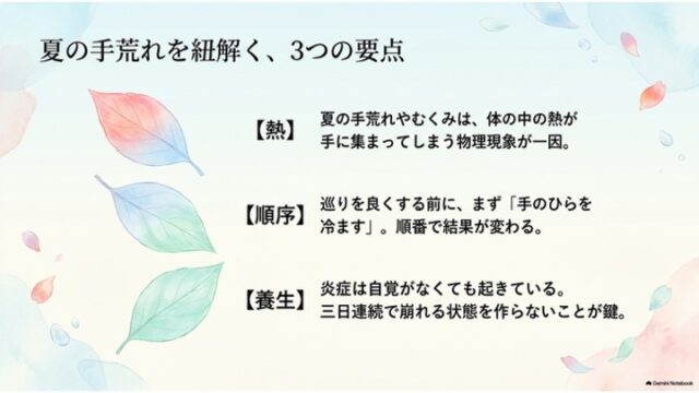 3枚のカラフルな葉のイラストとともに、「熱」「順序」「養生」という3つの要点が箇条書きで説明されているスライド。