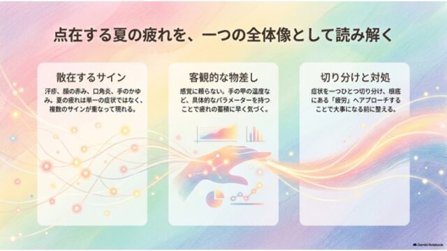 3つの白いカードで「散在するサイン」「客観的な物差し」「切り分けと対処」の3ステップを解説するスライド。背景に手のイラストとグラフのアイコンがある。