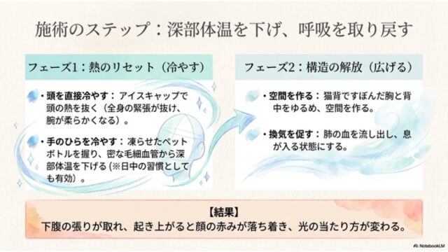 「フェーズ1: 熱のリセット」と「フェーズ2: 構造の解放」の2ステップの施術内容と、その結果を説明するスライド。