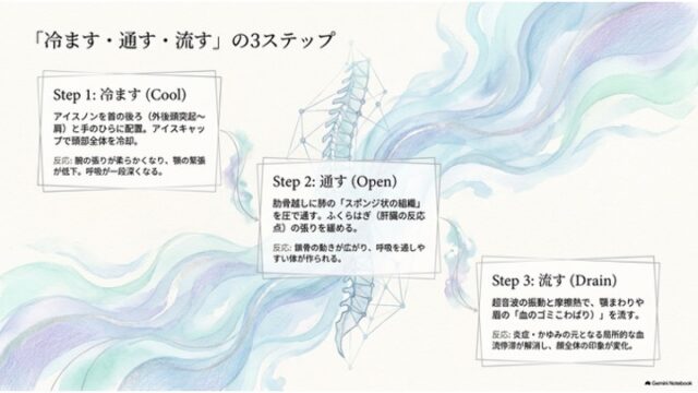 背骨のイラストを背景に、「冷ます」「通す」「流す」という3つのケアステップとそれぞれの反応を記載したスライド。