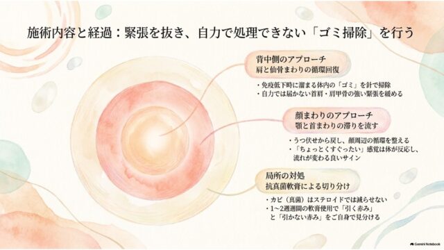 左側に同心円のイラストがあり、右側に「背中側のアプローチ」「顔まわりのアプローチ」「局所の対処」の3つの施術内容と経過が書かれたスライド。