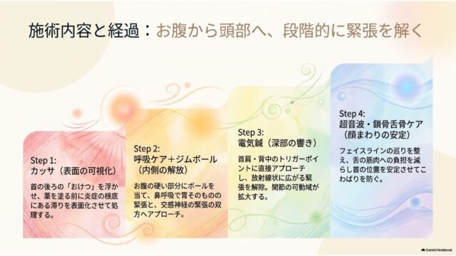 ピンク、オレンジ、黄緑、水色の4段階のステップ形式で、カッサから超音波ケアまでの施術内容と経過を説明するスライド。