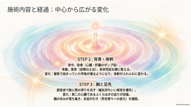 水面に広がる波紋のイラストを背景に、体幹から手足へと向かう施術ステップ（STEP 2, STEP 3）と変化を解説したスライド。