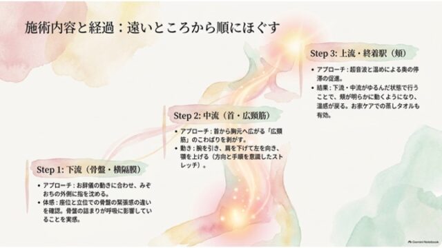 施術の流れを説明するスライド。左下から右上に向けてStep 1（下流・骨盤）、Step 2（中流・首）、Step 3（上流・頬）の3段階が光のラインで繋がれて配置されています。