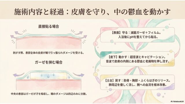 皮膚へのダメージを抑える保護方法の比較と、表面・皮下・土台に対する3つの施術ステップを示すスライド。