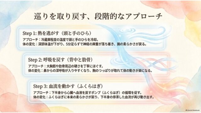 Step 1からStep 3までの3段階のアプローチと身体の変化を、縦に並んだカード形式で段階的に紹介するスライド。