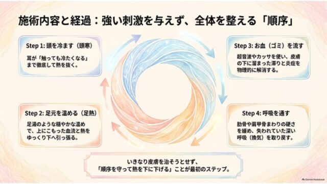「施術内容と経過：強い刺激を与えず、全体を整える『順序』」のスライド。循環する円形アイコンの周囲に、頭を冷ます・足元を温める・お血を流す・呼吸を通すという4つのStepが記載されている。