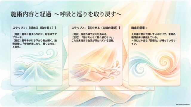 「施術内容と経過 〜呼吸と巡りを取り戻す〜」と題し、胸を開くステップ1、足元を巡らせるステップ2、臨床的洞察を3枚のパネルで解説したスライド。