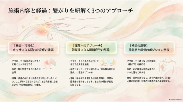 手のイラストの下に、カッサ検査・低周波通電・前鋸筋と鎖骨の調整という3つの施術アプローチと効果をまとめたスライド。
