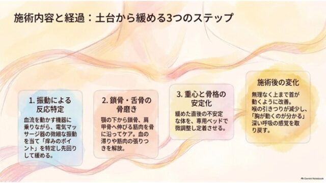 「施術内容と経過：土台から緩める3つのステップ」というスライド。ステップ1〜3の施術工程と右端の「施術後の変化」が横並びのカード形式で示されている。