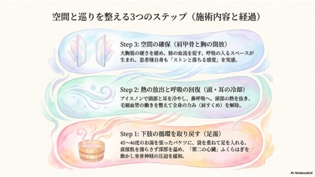足湯（Step 1）、頭・耳の冷却（Step 2）、肩甲骨と胸の開放（Step 3）の3ステップと詳細な施術内容が描かれたスライド。