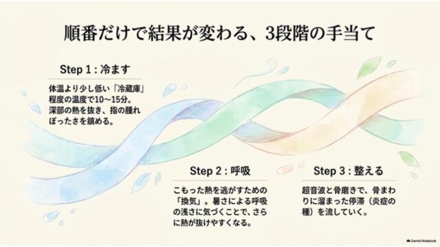 波状のリボンのイラストとともに、Step 1冷ます、Step 2呼吸、Step 3整えるの3段階の手当て手順が記載されているスライド。