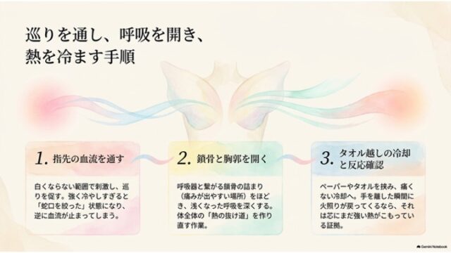 鎖骨周辺のアートを背景に、1.指先の血流、2.鎖骨と胸郭、3.タオル越しの冷却という3つのステップを並べた手順解説スライド。