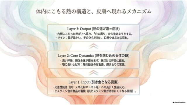 引き金（Input）、体の癖（Core Dynamics）、症状（Output）の3層構造で体内の熱と皮膚症状の関係を表したスライド。