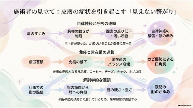 自律神経と呼吸」「免疫と常在菌」「解剖学的構造」の3つの観点から、症状が引き起こされる因果関係を矢印のフローチャートで示したスライド。