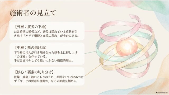 リボンの渦と中心の球体のイラストを用いて、外層（疲労）、中層（熱の逃げ場）、核心（要素の切り分け）の見立てを説明したスライド。