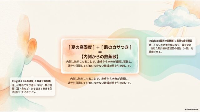 耳と太陽のイラストを交え、「夏の高湿度＋肌のカサつき＝内側からの熱蒸散」の構造と、耳の温度や曇天紫外線に関する2つのインサイトを説明したスライド。