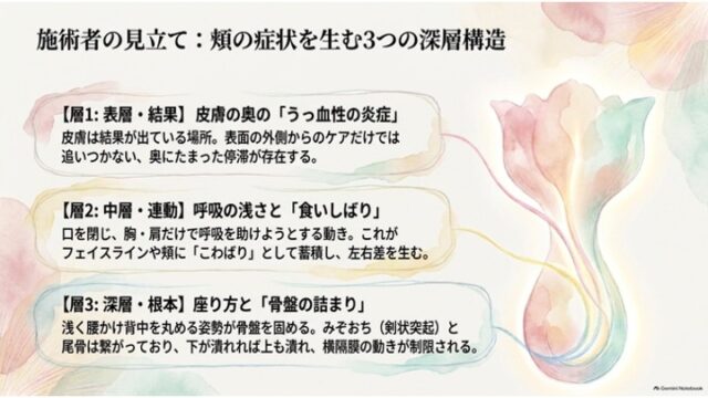 頬の症状を生む3つの深層構造を説明するスライド。左側に表層・中層・深層に関する3つのテキストカードが並び、右側にそれらを象徴する柔らかな水彩イラストが配置されています。