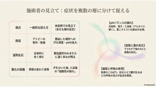 一般的な見立てと本症例の見立てを比較する表と、症状の複数の層（pH、皮脂、循環・呼吸）を示す図解スライド。