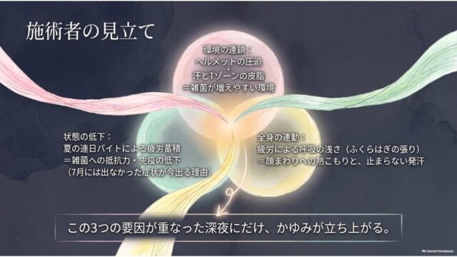 3つの光る円が交差する図を用いて、「環境の連鎖」「状態の低下」「全身の連動」の3要因が重なった深夜におでこのかゆみが発生するメカニズムを解説したスライド。