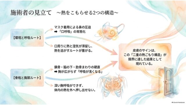 「施術者の見立て 〜熱をこもらせる2つの構造〜」と題し、マスクによる口呼吸と胸郭の硬直が熱ごもりを引き起こすプロセスを示したフロー図のスライド。