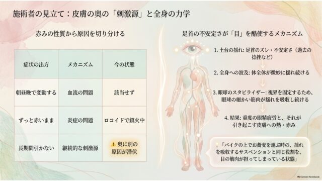 赤みの原因を分析する一覧表と、足首の不安定さが眼球の疲労や赤みにつながる仕組みを示した人体イラスト入りのスライド。