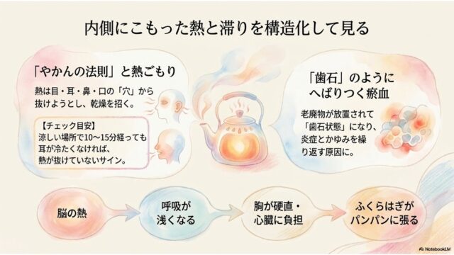 やかんのイラストを使った熱ごもりの説明と、脳の熱からふくらはぎの張りまでの体の影響プロセスを矢印でつないだ図解スライド。