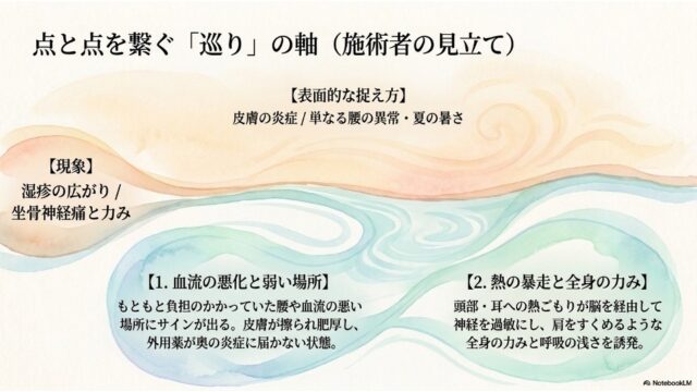 表面的な現象に対し、「血流の悪化と弱い場所」「熱の暴走と全身の力み」という2つの根本原因を分析した施術者の見立てスライド。