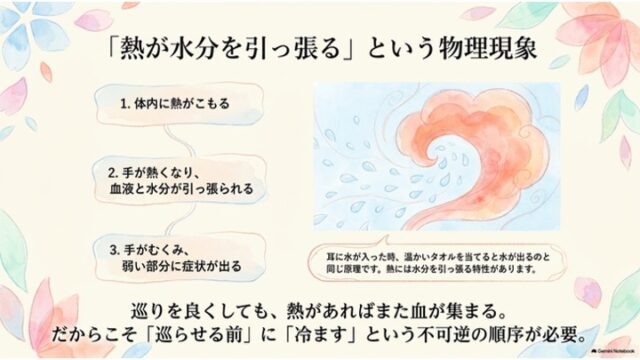 3つのステップと熱・水分のイラストを用いて、熱が水分を引き寄せる原理と「巡らせる前に冷ます」重要性を説明しているスライド。
