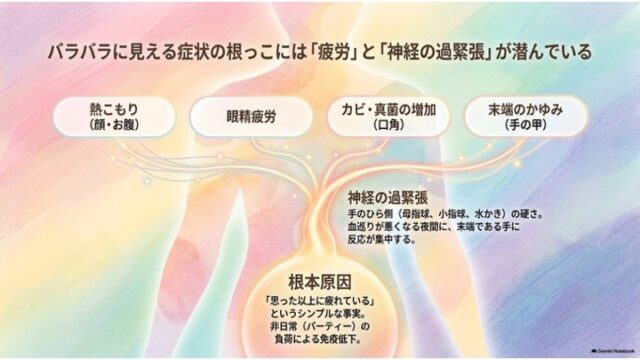 熱こもりや眼精疲労などの4つの症状が、神経の過緊張と根本原因である疲労・免疫低下へ集約される様子を示すツリー構造図のスライド。