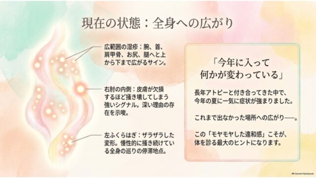 左側に症状部位（腕、肘、ふくらはぎ等）を指し示す光のポイントと解説、右側に「今年に入って何かが変わっている」と記された囲み記事があるスライド。