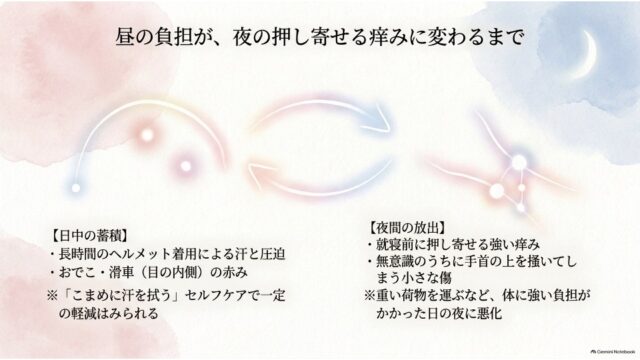 昼と夜を象徴する水彩背景と循環する矢印イラスト、日中の負担蓄積と夜間の痒み放出の対比が書かれたスライド。