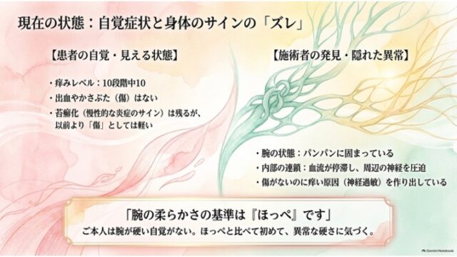 「患者の自覚・見える状態」と「施術者の発見・隠れた異常」を左右で比較し、下部に「腕の柔らかさの基準は『ほっぺ』です」という枠囲みメッセージが配置されたスライド。