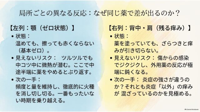 左右2列に分かれ、左に「顎（ゼロ状態）」、右に「背中・肩（残る痒み）」の症状の状態・リスク・次の一手を対比させた解説スライド。