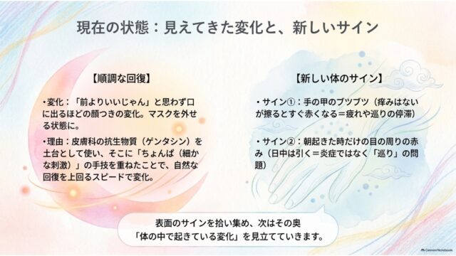 「順調な回復」と「新しい体のサイン」を左右に並べ、手の甲のブツブツや目の周りの赤みについて考察したスライド。