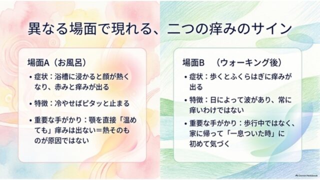 ピンクと緑の背景で左右に分けられ、「場面A（お風呂）」と「場面B（ウォーキング後）」での痒みの特徴や重要な手がかりを比較提示するスライド。
