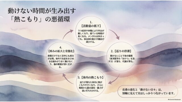 「動けない時間が生み出す『熱こもり』の悪循環」と題された円環状のフロー図。活動量低下、巡りの停滞、体内の熱こもり、痒みの拡大と常態化の4ステップが循環する様子を描いている。