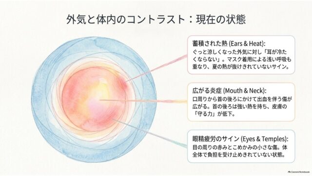 外側が青く内側が赤く発熱している同心円のイラストから引き出し線が伸び、蓄積された熱、広がる炎症、眼精疲労の3つの状態を解説したスライド。