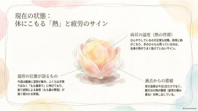 開きかけた蕾のような光の球体イラストを中心に、耳の温度、膝裏の湿疹の位置、疲労の蓄積に関する解説が配置されたスライド。