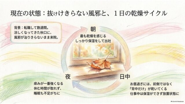 窓辺に置かれた秋の枯れ葉のイラストを中心に、朝・日中・夜の乾燥と痒みの推移を円環矢印で解説したスライド。