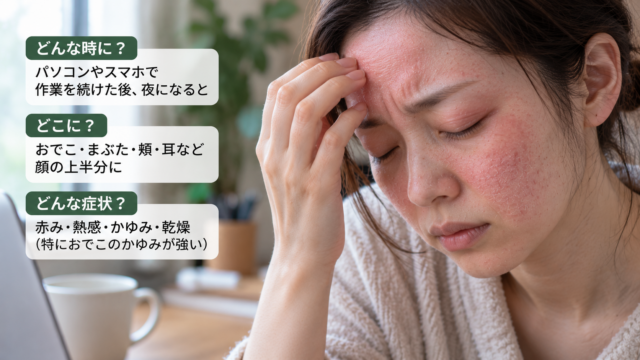 パソコン作業後の眼精疲労で、おでこや頬に赤み・熱感・乾燥・かゆみを感じて額に手を当てる女性