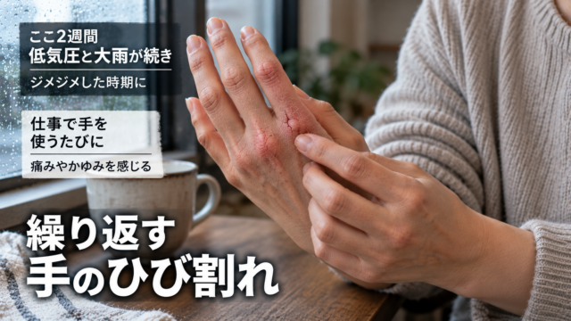 低気圧と大雨が続く時期に、仕事で手を使うたびに気になる手のひび割れと赤みを指で触れている様子